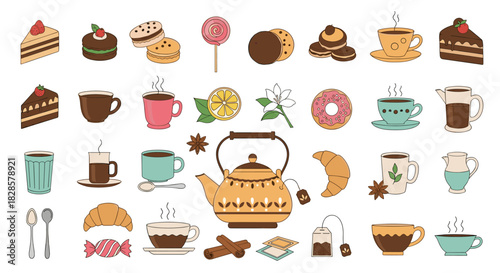 A charming collection of hand-drawn vector illustrations featuring coffee cups, teapots, sweet pastries, and desserts for cafe themes.