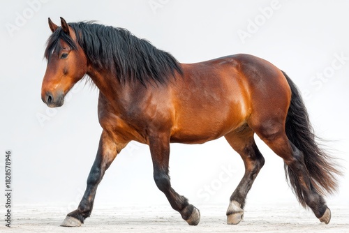 With the bright sun shining down, a sturdy brown horse gallops effortlessly across the sandy ground, its mane and tail flowing freely