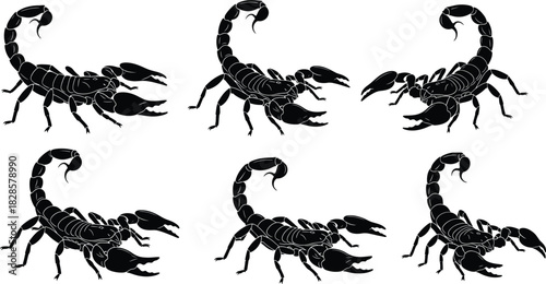 Black Scorpion Silhouette Vector Collection Set Illustrating the Arachnid in Various Threatening Poses with Raised Tails and Claws, Ideal for Danger, Desert, and Zodiac Concepts