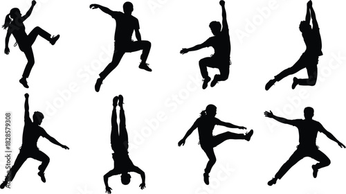 Highly Dynamic Jumping and Falling Silhouette Vector Collection Set Illustrating Extreme Poses, Including Freefall, Handstands, and Mid-Air Kicks for Energy, Action, and Danger Concepts