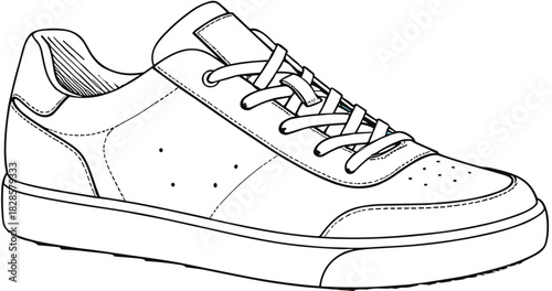 Cad drawing flat vector illustration, technical sneaker sketch, low-top lace-up shoe, perforated toe box, thick sole design detail