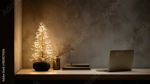 A laptop is on a desk next to a Christmas tree. The tree is lit up. Tiny desktop christmas tree, compact decorative tree on a minimalist workstation, warm reflections, understated festive styling