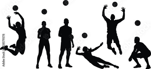 Dynamic Volleyball Player Action Vector Silhouette Collection Set Illustrating Male and Female Athletes Serving, Jumping, Hitting, and Diving for Sports, Teamwork, and Fitness Design