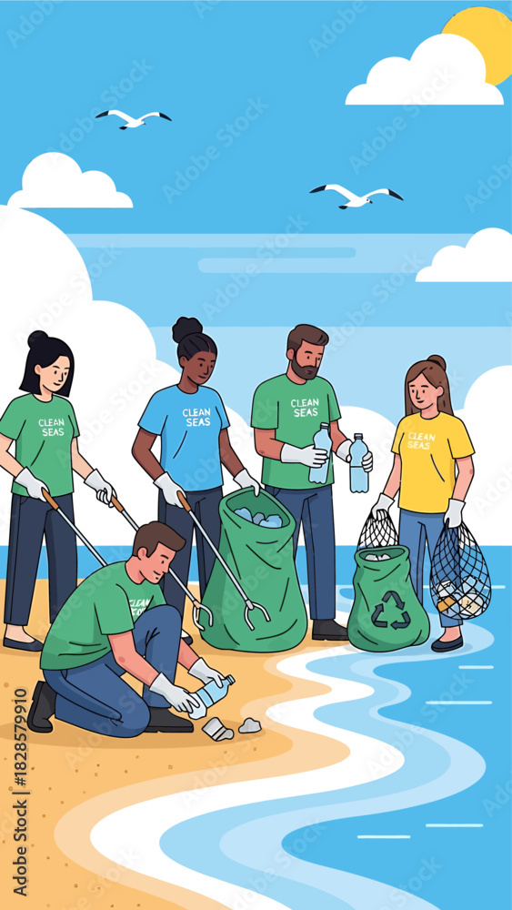 Fototapeta premium Diverse group of volunteers cleaning a sandy beach, collecting plastic waste and trash to protect the marine environment.