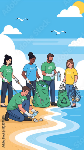 Diverse group of volunteers cleaning a sandy beach, collecting plastic waste and trash to protect the marine environment.