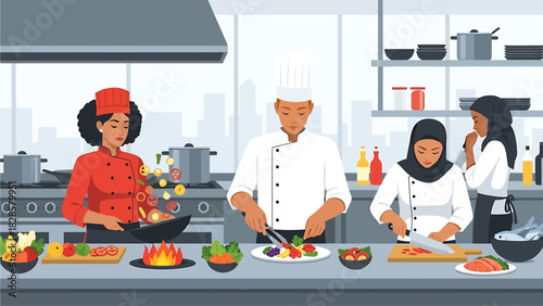 Four diverse chefs cooking and preparing various dishes in a professional, modern kitchen setting.