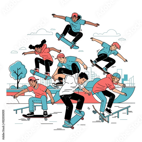 An illustration of a diverse group of young people skateboarding and performing tricks in an urban skate park setting.