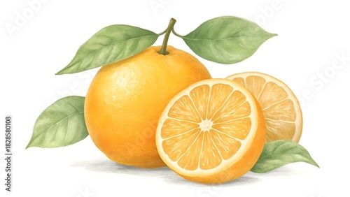 Fresh Oranges With Leaves Illustration