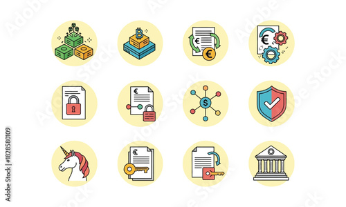 Financial security, blockchain, and digital currency icon set