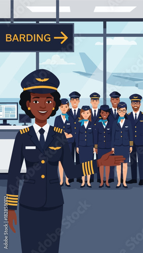 A confident female pilot stands in an airport terminal with her diverse airline crew, ready for boarding.