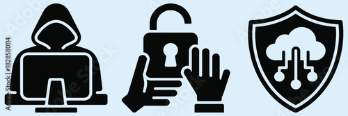 understanding cyber security, hacker attacks, and cloud data protection, vector icon set with editable symbols for online safety, network security, digital privacy, and professional IT presentation.
