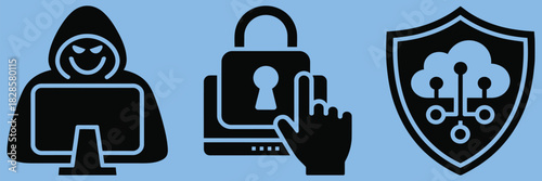 understanding cyber security, hacker attack, and data protection with cloud security concept icon set, editable vector illustration suitable for technology, IT safety, online protection.