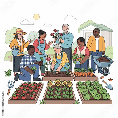 Diverse group of people of all ages and ethnicities working together in a vibrant community garden, tending to various plants and vegetables.