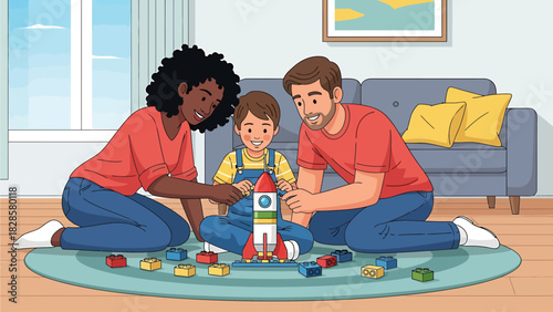 A diverse family, a mother, father, and their child, happily playing together on the floor, building a colorful toy rocket with building blocks in their living room.