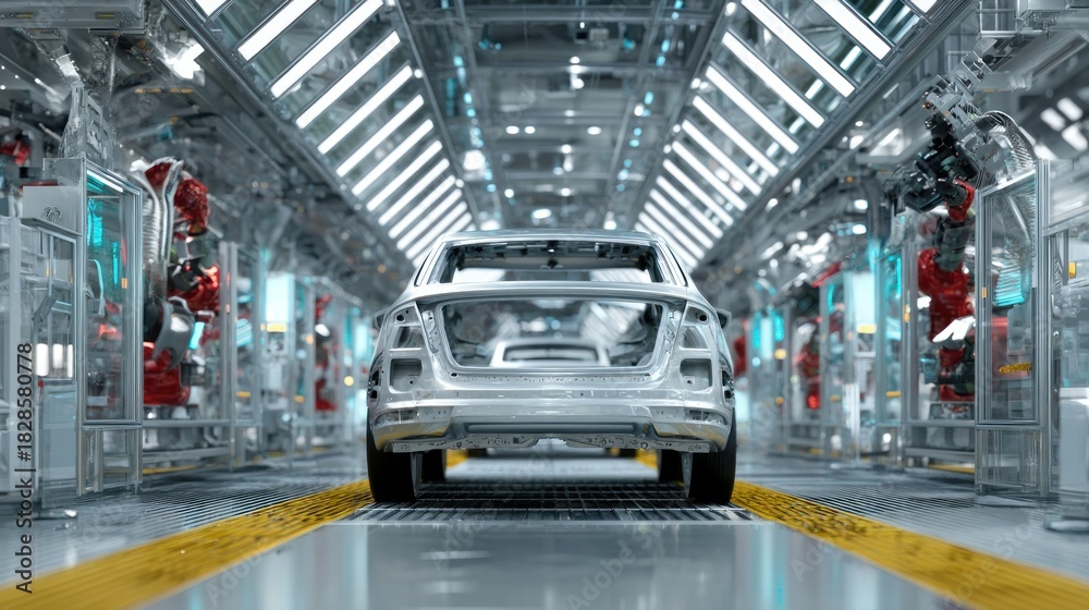 Naklejka premium Car assembly line robotic arms industrial production