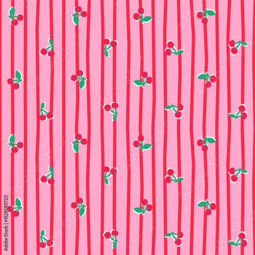Playful Valentine cherry pattern on pink background with red stripes