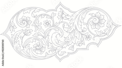 Intricate floral and leaf pattern with swirling vines and decorative elements, rendered in a delicate line art style.