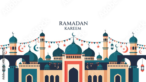 A festive illustration of a grand mosque decorated with garlands and lanterns for the holy month of Ramadan Kareem.