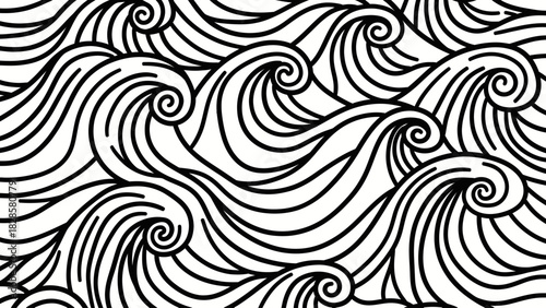 Abstract black and white line art depicts stylized ocean waves in a flowing pattern.