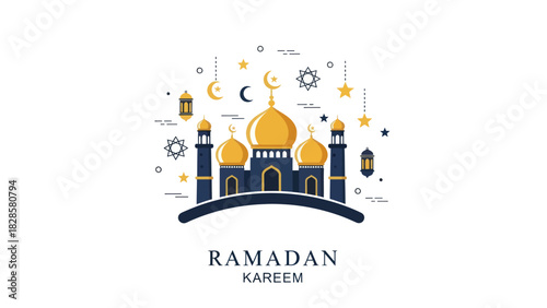 An illustrated depiction of a mosque with golden domes, celebrating Ramadan with decorative elements.