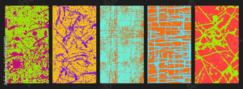 Smeared Punk Grunge Texture Background Set Vector with Halftone Pixel Dithering Square Tiles Pattern