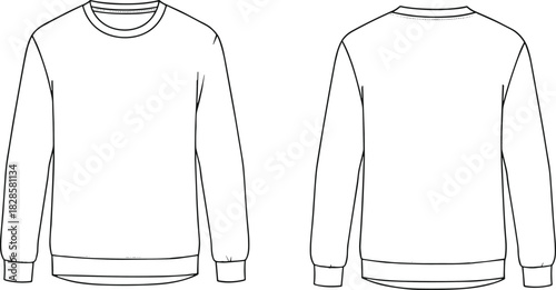 Crewneck sweatshirt technical sketch, long sleeve front and back view, ribbed hem flat drawing, garment CAD vector illustration