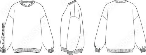 Crewneck sweatshirt technical sketch, front side back view, drop shoulder flat drawing, garment CAD fashion vector illustration