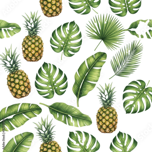 Seamless watercolor pattern of lush green banana, palm, monstera leaves and yellow pineapples on transparent background, top-down view, pristine vibrancy and commercial nature concept