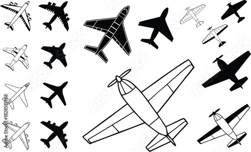 Aviation Collection Of Black And White Airplane Icons Representing Air Transportation, Travel And Flight, Perfect For Use In Graphic Design Projects Related To Transportation