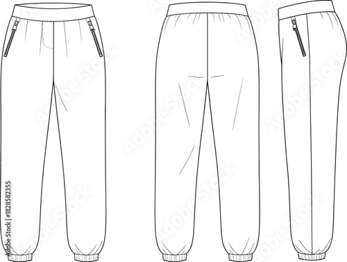 Jogger pants technical sketch, front back side view, fashion flat drawing, garment CAD template, apparel design vector illustration