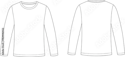 Long sleeve crew neck shirt technical sketch, front and back view, fashion flat drawing, apparel design template, cad drawing flat vector illustration