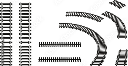 Railroad Track Set Vector Illustration, Including Straight and Curved Railway Sections for Transportation, Travel, and Construction Design Elements