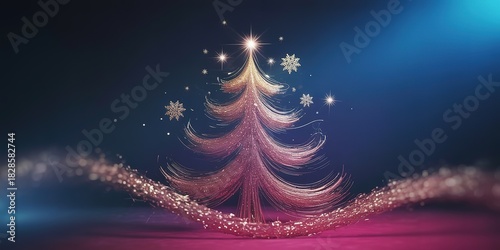 Shining Christmas tree with a bright star and snowflakes on a dark blue backdrop