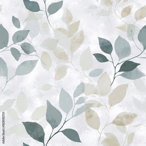 Seamless Botanical Pattern with Green, Beige and Gray Leaves on White Background