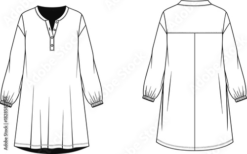 Long sleeve tunic dress sketch, round neckline with buttons, flared silhouette and panel seams, cad drawing flat vector illustration