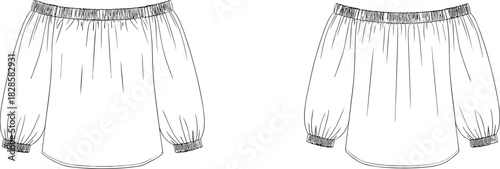 Off-the-shoulder blouse technical sketch, puff sleeve fashion flat drawing, elastic neckline and hem, cad drawing flat vector illustration