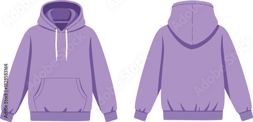 Purple hooded sweatshirt technical sketch, front and back view, kangaroo pocket flat drawing, garment CAD fashion vector illustration
