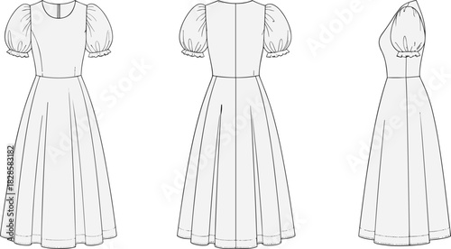 Puff-sleeve midi dress technical sketch, front side and back view fashion flat drawing, pleated skirt detail, cad drawing flat vector illustration