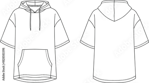 Short sleeve hoodie technical sketch, front and back view, kangaroo pocket flat drawing, garment CAD fashion vector illustration