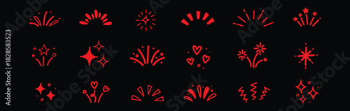 Line icon ray, confetti element set. Starburst line art with hand drawn glitter spark, pop icon shapes and surprise emphasis elements. Decorative sketch style for a sunshine ray vector illustration