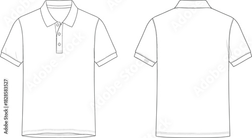 Short sleeve polo shirt technical sketch, front and back view, button placket flat drawing, garment CAD fashion vector illustration