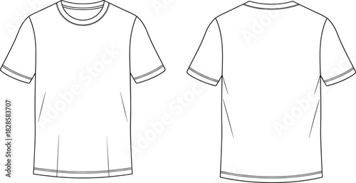Short sleeve T-shirt technical sketch, front and back view, crew neck flat drawing, garment CAD fashion vector illustration