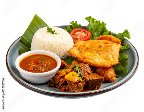 A traditional meal featuring rice, fried chicken, vegetable curry, and fresh salad served on a decorative plate
