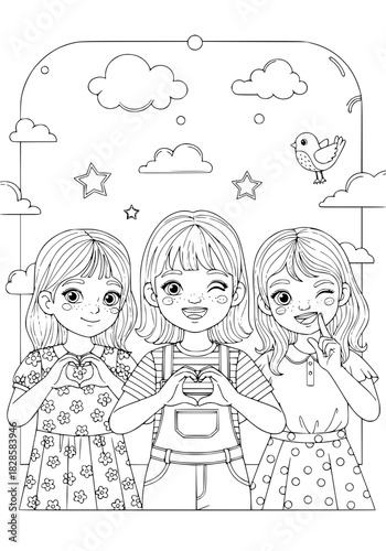 portrait of girlfriends. coloring book