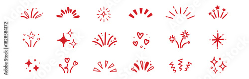 Line icon ray, confetti element set. Starburst line art with hand drawn glitter spark, pop icon shapes and surprise emphasis elements. Decorative sketch style for a sunshine ray vector illustration