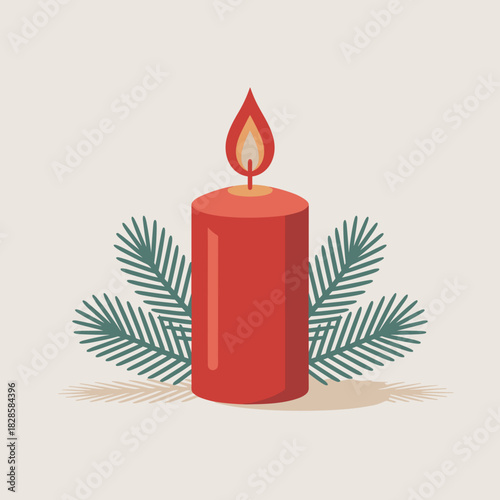flat design christmas candle pine leaves and subtle shadows – Great for modern holiday illustrations, simple festive web graphics, or minimalist decor.