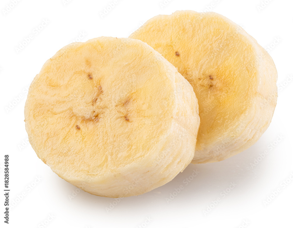Fototapeta premium Banana slices isolated on white. File contains clipping paths.
