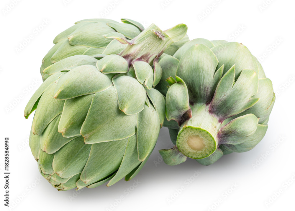 Fototapeta premium Three french artichokes isolated on white background. File contains clipping paths.