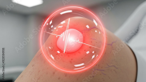 Close up shot of a skin surface with a glowing sphere and a heartbeat line in a medical setting