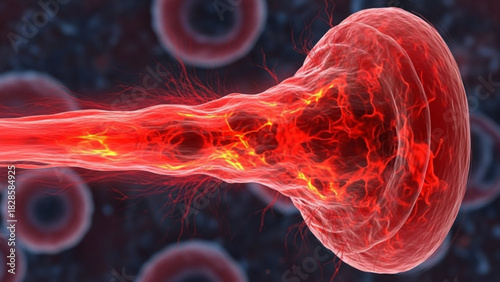 Close up view of a red blood cell with a tail like structure and other cells in background